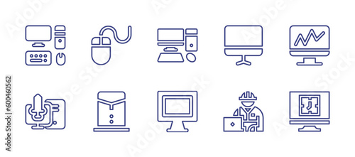 Computer line icon set. Editable stroke. Vector illustration. Containing pc, computer mouse, monitor, stats, computer game, computer, engineer, clock.
