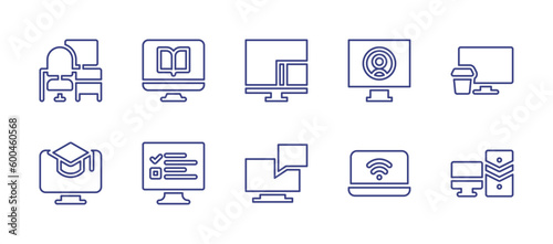 Computer line icon set. Editable stroke. Vector illustration. Containing workplace, computer, screen mirroring, online survey, message, laptop computer, desktop computer.
