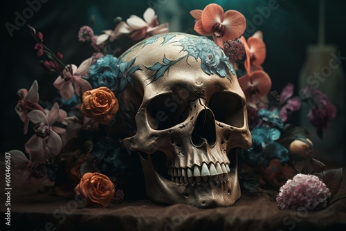 Floral skull art. Digitally created. Generative AI