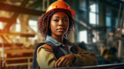 Empowering professional black woman civil engineering with helmet in factory workplace. Generative AI © joseduardo
