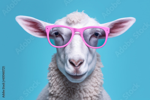close up of a white sheep wearing pink sunglasses