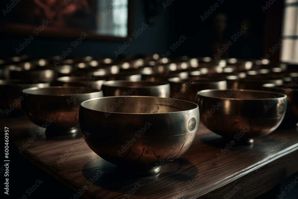 Translucent Tibetan singing bowls, viewed from the side. Generative AI
