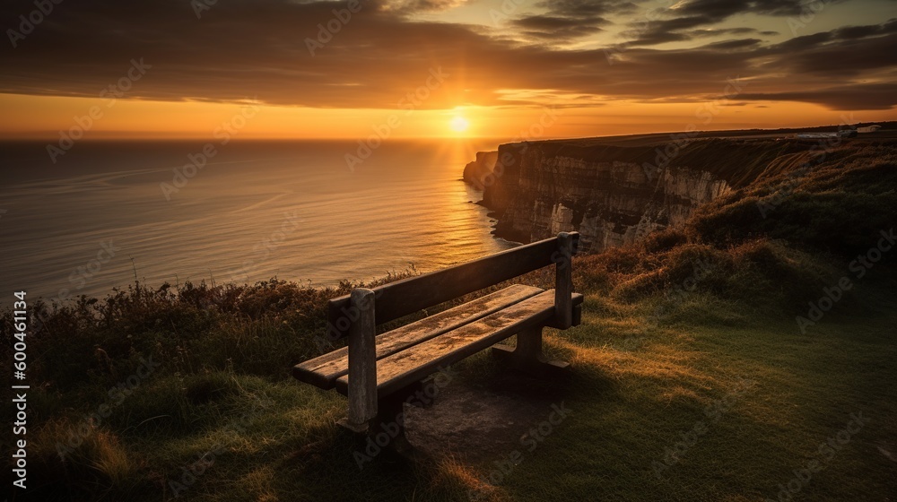 A wooden bench overlooking cliffs, the ocean and a beautiful sunset