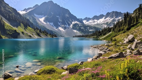 Beautiful lake with flowers and mountains behind 