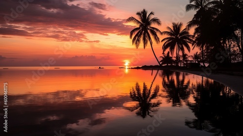 A beautiful orange sunset over the ocean with palm trees