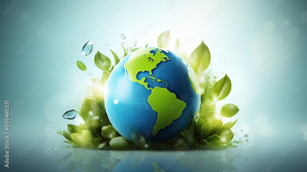 Planet earth with leaves and drops of water, sustainability and green type background Planet earth with leaves and drops of water, sustainability and green type background