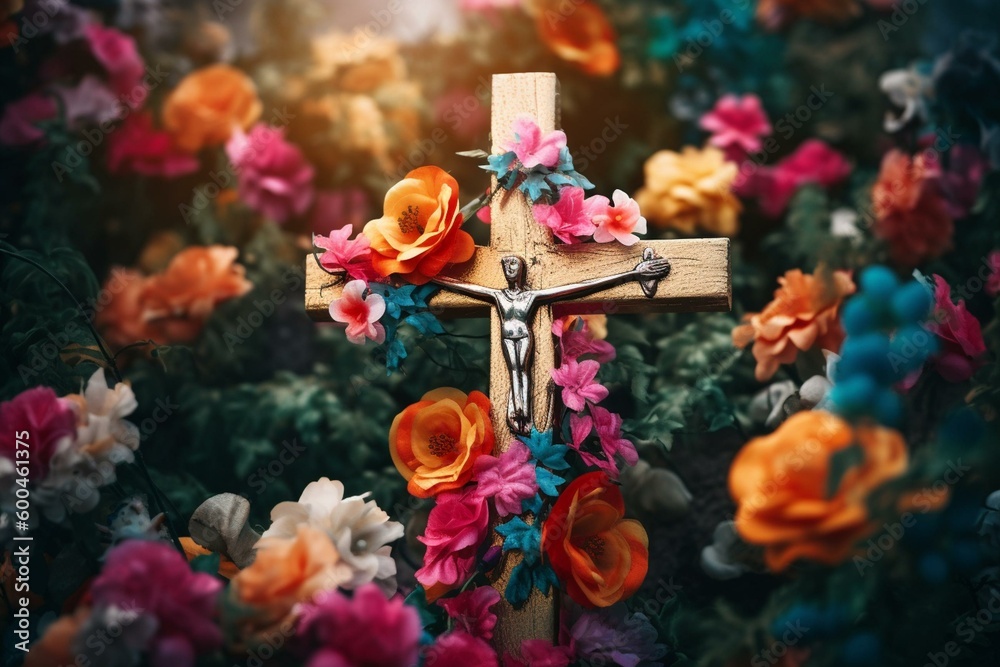 Easter cross adorned with colorful flowers. A beautiful symbol of Christian faith and renewal. Generative AI