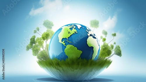 Planet earth in a forest with growing trees around  sustainability and green type background