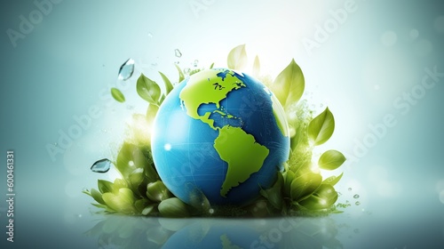 Planet earth with leaves and drops of water, sustainability and green type background
