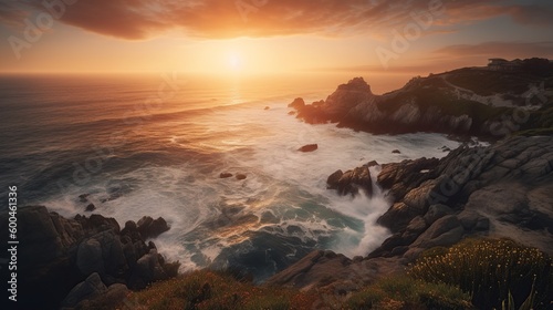 Stunning sunset over the cliffs next to the ocean, Generative AI