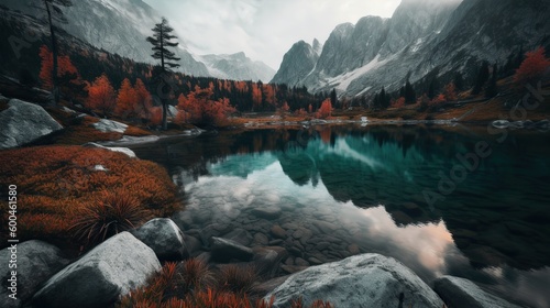 Stunning clear lake with mountains around, fall season, Generative AI