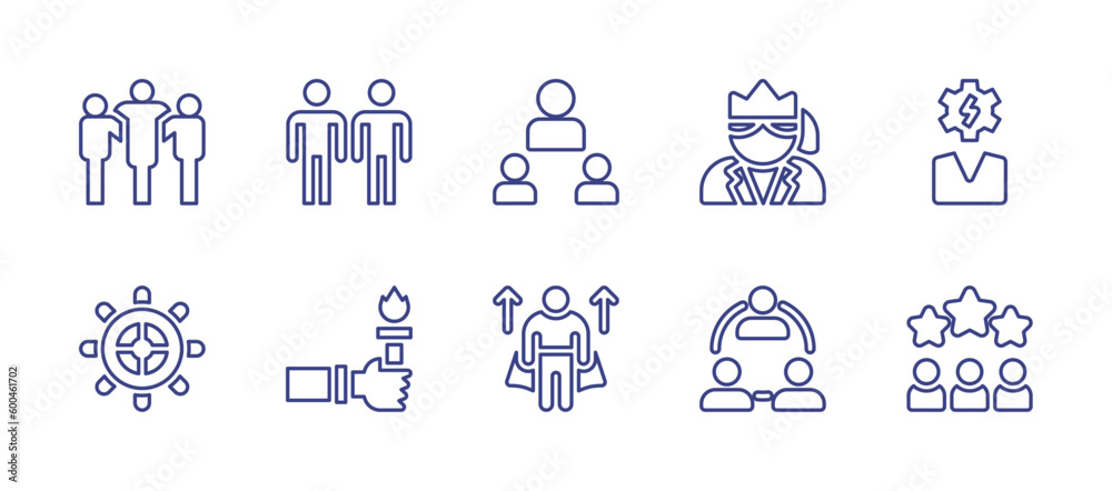 Leadership line icon set. Editable stroke. Vector illustration. Containing team, people, leadership, female, user, steering wheel, torch, role model.