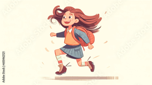 Happy little girl runs to school, generative AI.