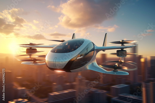 Electric passenger VTOL aircraft taxi. Autonomous flying car transport for travel. Over urban cityscape. Ai generated