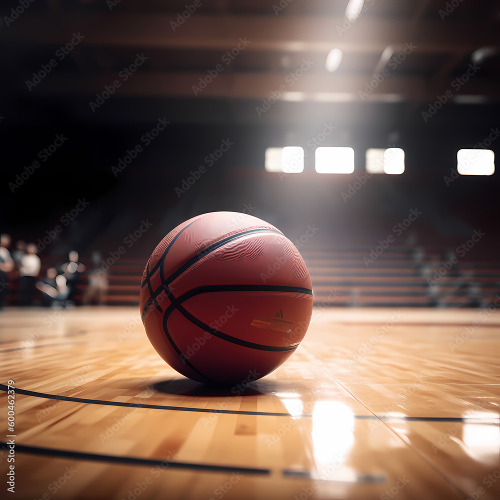 Basketball Ball on Stadium Court Floor. Generative AI Basketball Ball on Stadium Court Floor. Generative AI