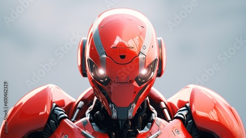 Red cyborg artificial intelligence with physical metal body. Generative AI.