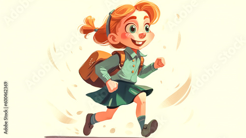 Happy little girl runs to school  generative AI.