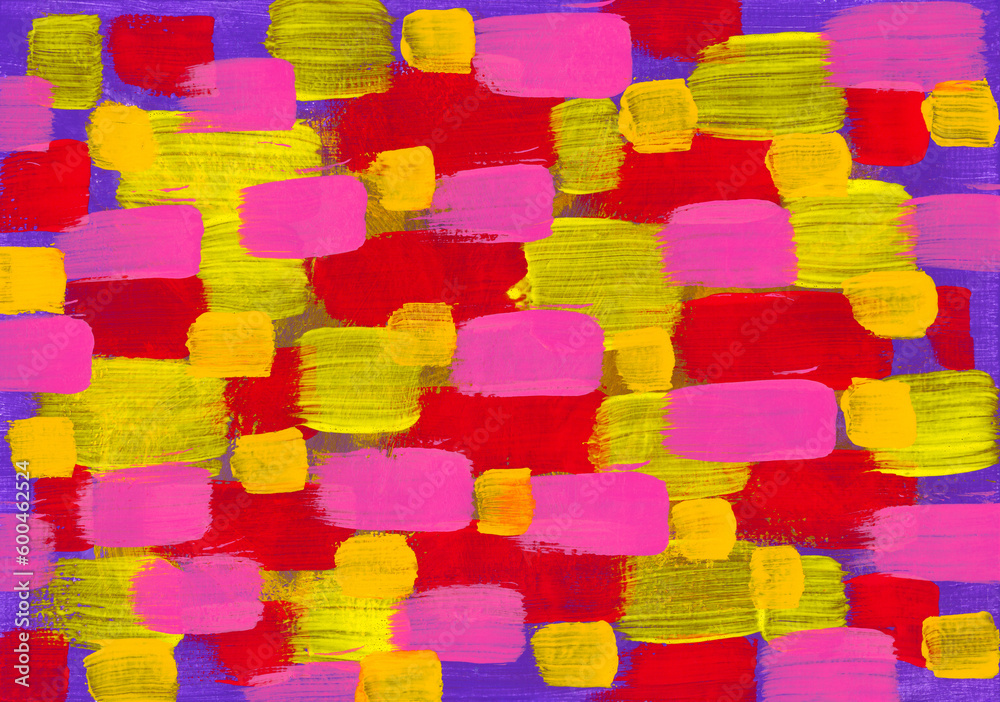Colorful abstract artistic painted horizontal background with copy space. Different colors acrylic paint brushstrokes: red, pink, yellow and violet backdrop. Positive mood concept.