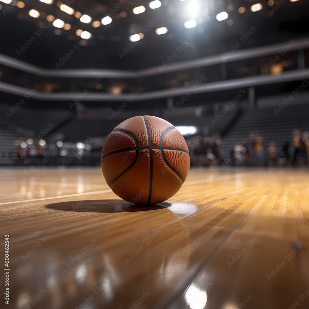 Basketball Ball on Stadium Court Floor. Generative AI Basketball Ball on Stadium Court Floor. Generative AI