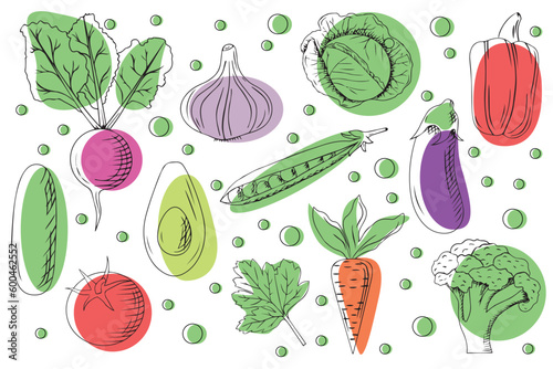 Vector set of vegetables. Organic vegetables in cartoon flat style. Healthy lifestyle. Vegetarian concept.