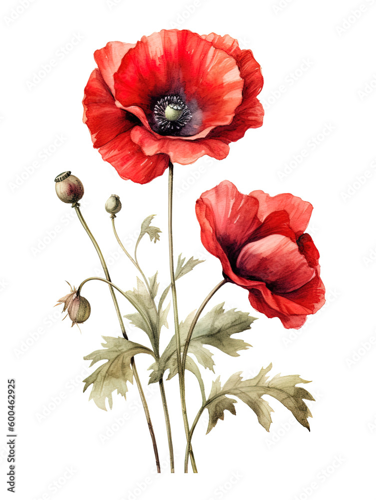 Obraz premium Red poppies on white background, summer poppy flowers card. Generative Ai.