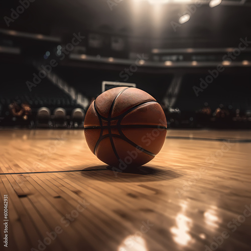Basketball Ball on Stadium Court Floor. Generative AI © premiumdesign