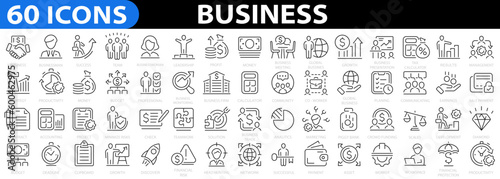 Business 60 icon set. Business team, finance, teamwork, startup, management, businessman, success, strategy and more. Vector illustration.