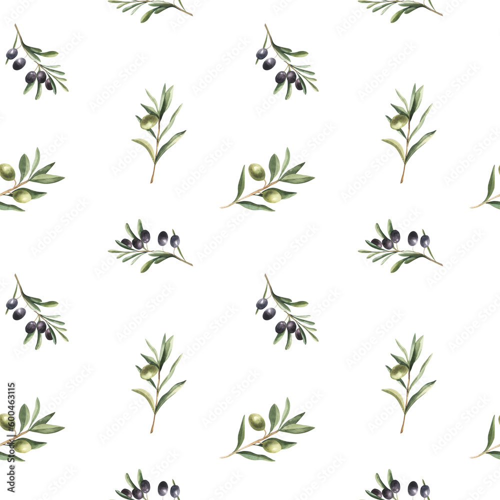 Watercolor kitchen seamless pattern of green and black olives. Hand painted illustration with olive branches and leaves isolated on white background. For design, print and fabric