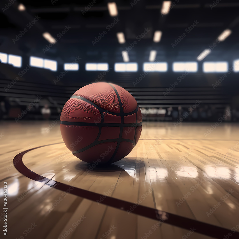 Basketball Ball on Stadium Court Floor. Generative AI