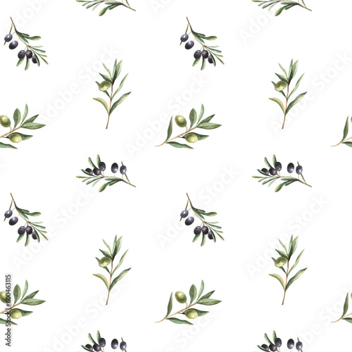 Watercolor kitchen seamless pattern of green and black olives. Hand painted illustration with olive branches and leaves isolated on white background. For design, print and fabric