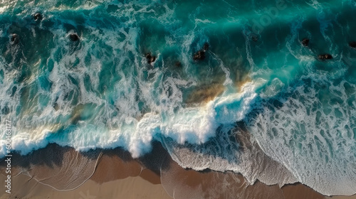 A Beautiful Beachfront Seaside View From Above, Created Using Artificial Intelligence With Sun Glare And Interesting Details © Damianius