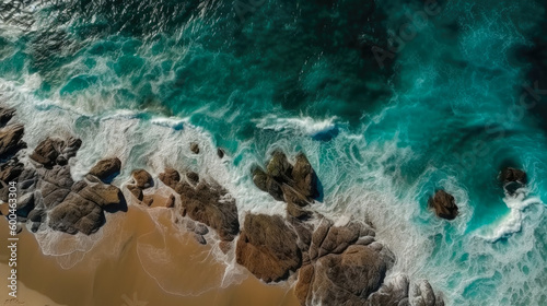 A Beautiful Beachfront Seaside View From Above, Created Using Artificial Intelligence With Sun Glare And Interesting Details