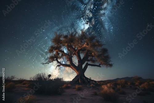 A starry sky over a desert tree. Generative AI