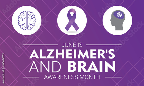 Alzheimer's and Brain Awareness Month design. It features a purple ribbon and a brain icon. Vector illustration