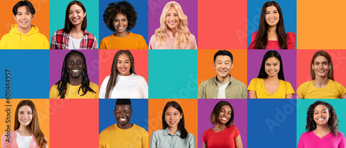 Headshot of happy millennial diverse men and women with free space on colorful studio background