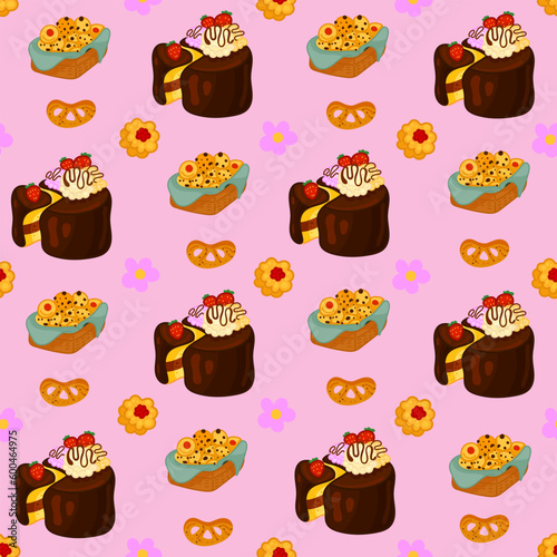 Vector seamless pattern with sweets, pastries and berries. Cakes and biscuits on coasters, cookies with crumbs, croissants, chocolate muffins hand drawn seamless background