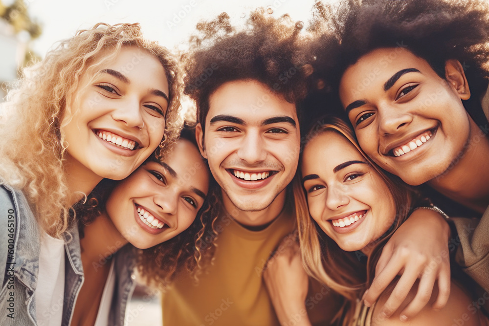 Happy group of friends hugging together and smiling at camera Happy group of friends hugging together and smiling at camera