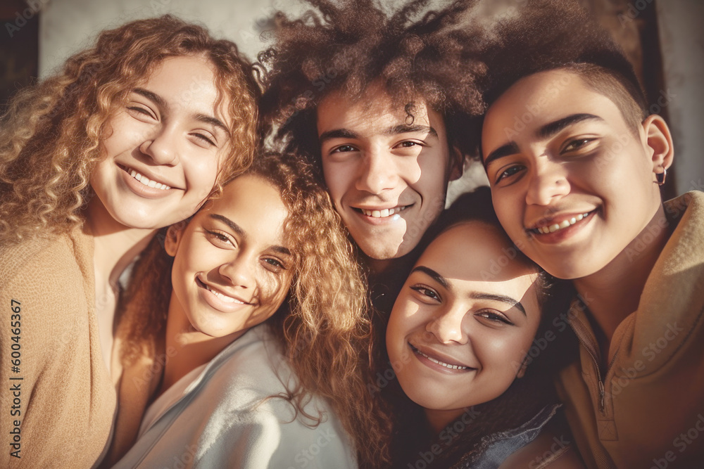 Happy group of friends hugging together and smiling at camera