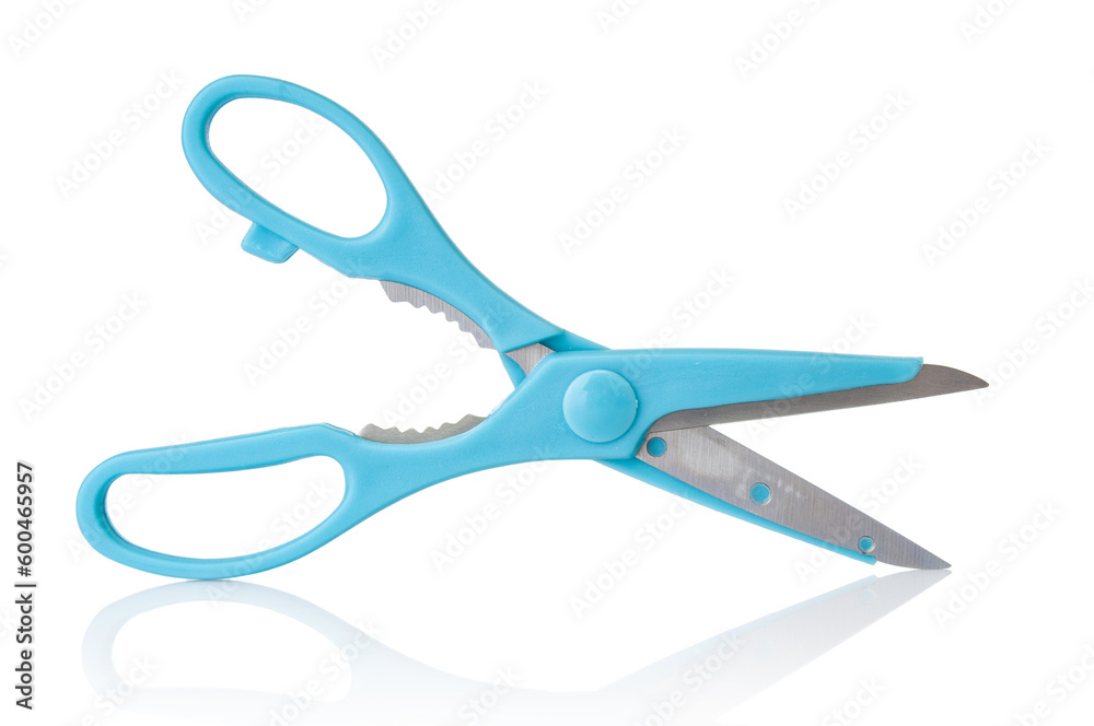 Blue scissors close up isolated on a white background
