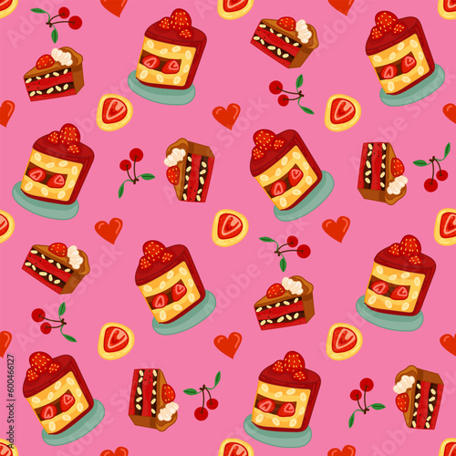 Vector seamless pattern with sweets, pastries and berries. Cakes and biscuits on coasters, cookies with crumbs, croissants, chocolate muffins hand drawn seamless background