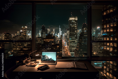 Cozy downtown office with laptop at night and skyscrapers. Ai generated