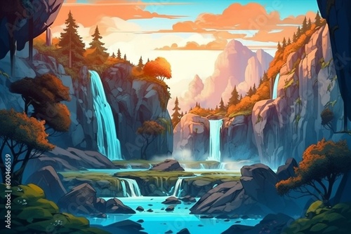 Modern cartoon illustration of a colorful waterfall landscape. Perfect for any design project. Generative AI