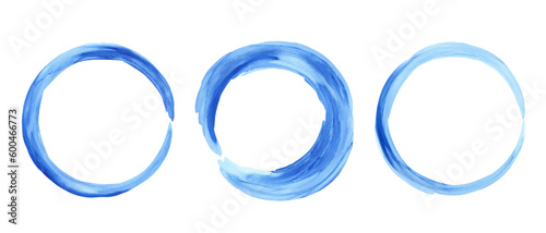 Blue ink, watercolor texture circle. Hand painted round, ring. 
