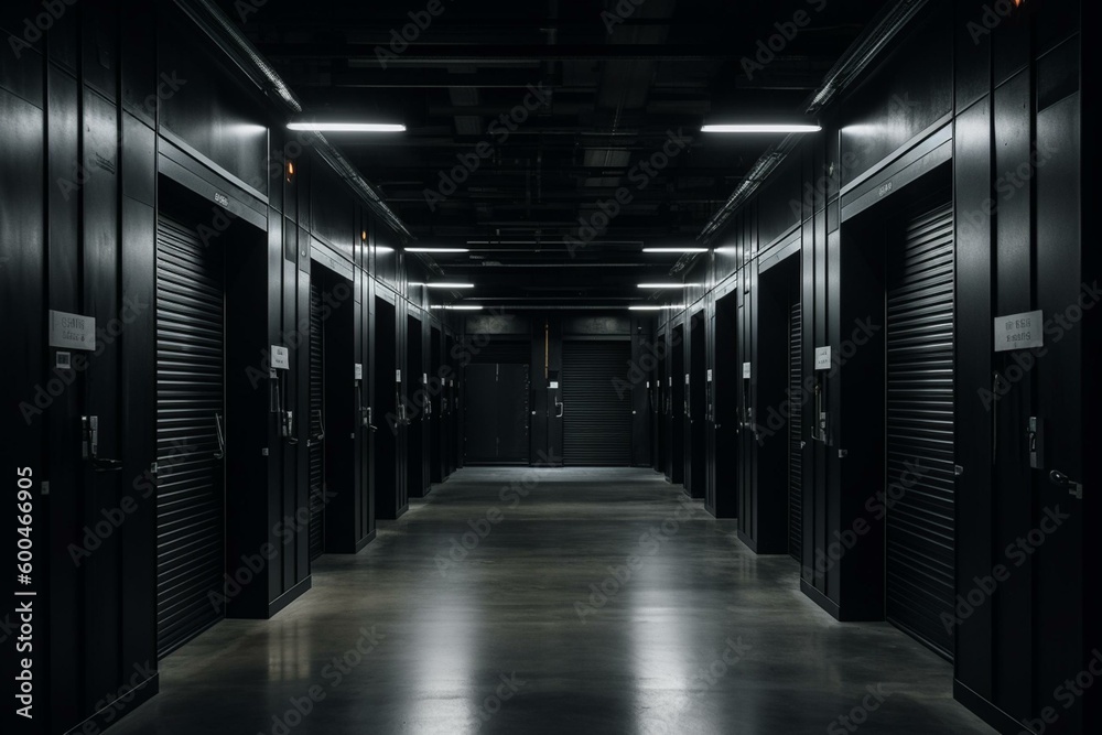 A sleek storage facility with a series of black doors. Generative AI