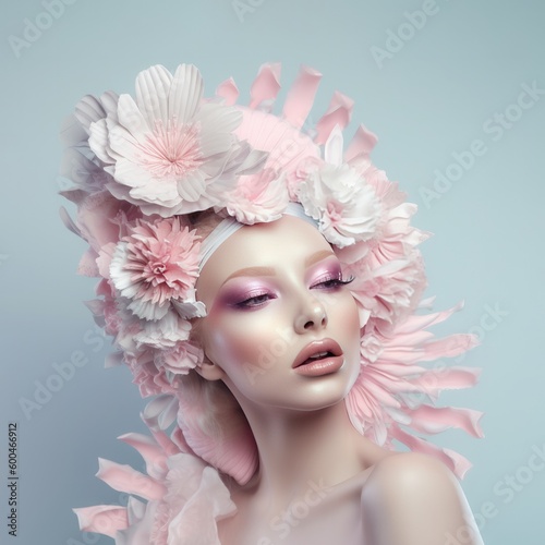 Beautiful girl with perfect pale skin with flowers origami ornament in her hair on pastel blue background. Natural beauty face care. Generative AI.