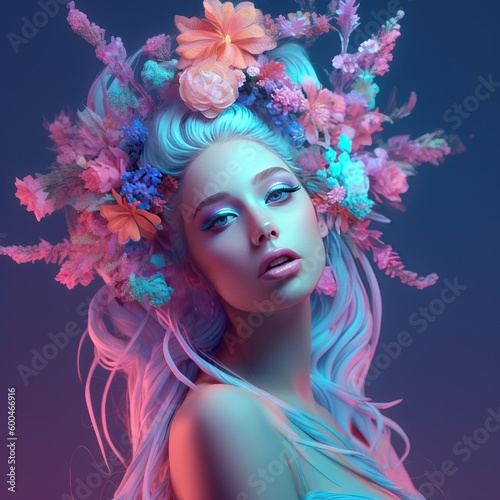 Beautiful girl with perfect pale skin with flowers origami ornament in her hair on pastel blue and violet background. Natural beauty face care. Neon colored. Generative AI.