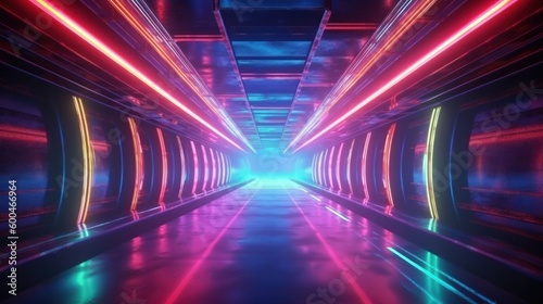 Speed light tunnel through the city. Neon and light glowing on dark scene. Generative AI. © Pro Hi-Res