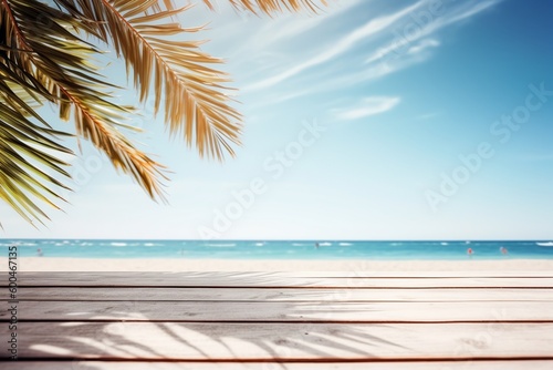 Wooden Table Top with Summer Beach Background Created with Generative AI