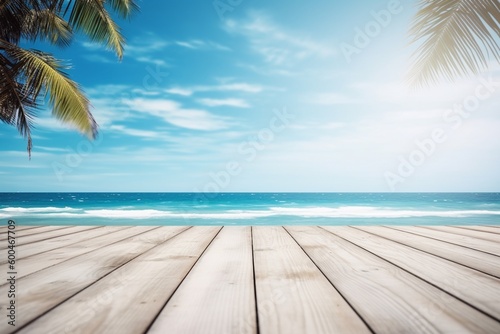 Wooden Table Top with Summer Beach Background Created with Generative AI