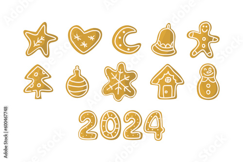 Christmas 2024 biscuits ginger cookies. Vector hand drawn illustration.